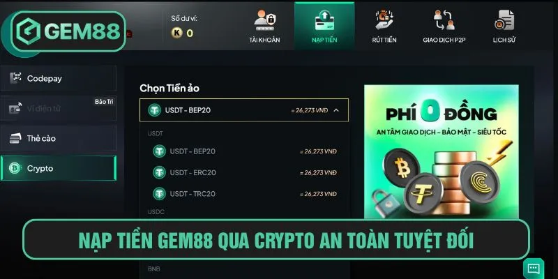 Nạp tiền Gem88 qua crypto an toàn tuyệt đối