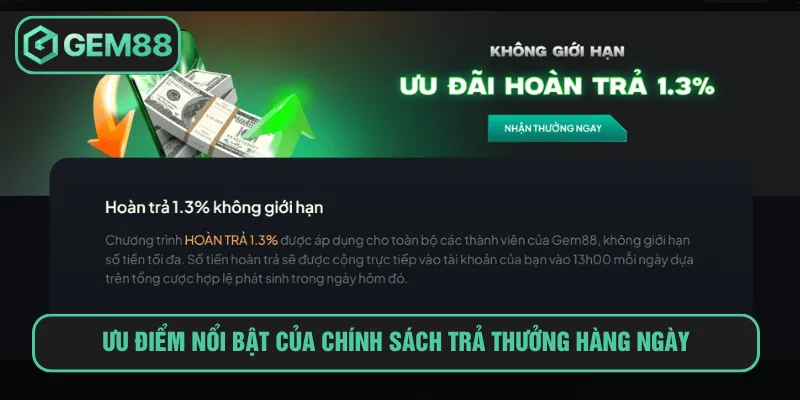 Trả Thưởng Hàng Ngày 1.3% Tại Gem88 Với Ưu Đãi Hấp Dẫn Ưu điểm nổi bật của chính sách trả thưởng hàng ngày